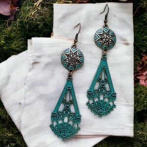 Vintage Filigree Earrings Patina Green Swarovski